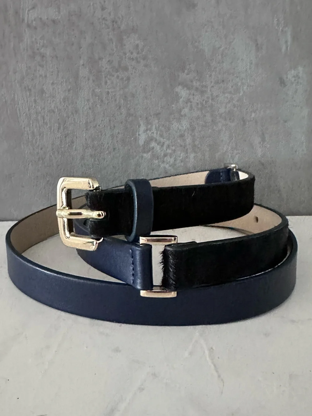 Ann Taylor NAVY BLACK Calf Hair VEGAN LEATHER Women’s Belt LARGE